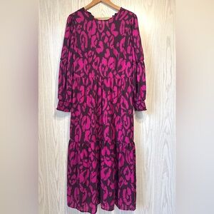 Who What Wear Magenta Abstract Tiered Midi Dress Size L